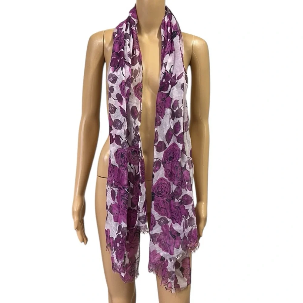 Purple Floral Semi Sheer Long Scarf Wrap Sarong Cover Up 71 x 22.5 inches